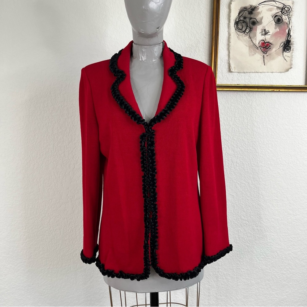 St John Evening Santana Knit Red Velvet Pleated Trim Blazer